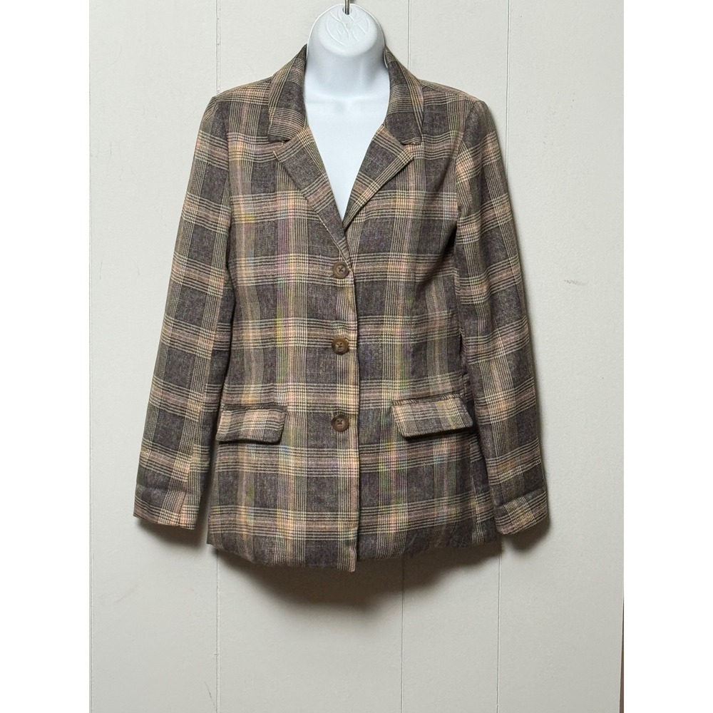 BB Dakota Steve Madden Plaid Blazer Brown Grey Three Button Flap Pocket Size
